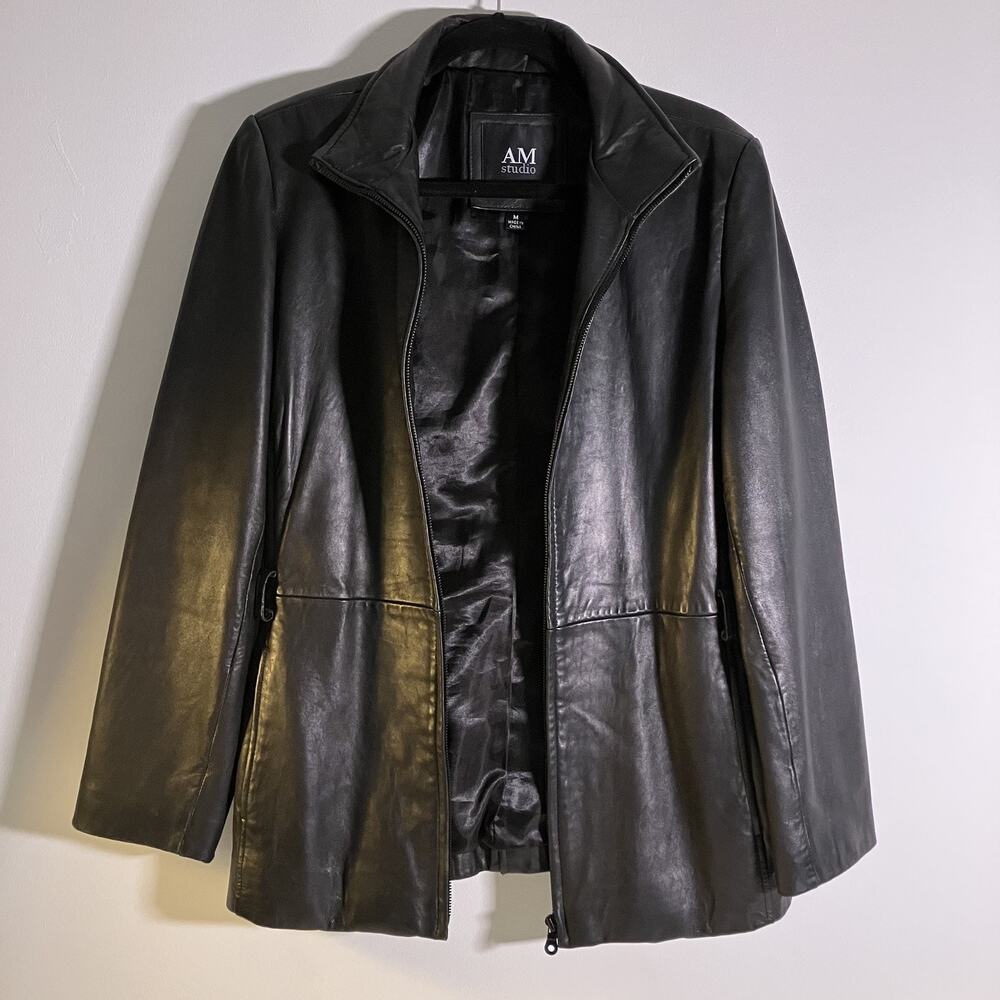 AM Studio Jacket Womens Medium Lamb Leather Full Zip Long‎ Coat Polyester Lined